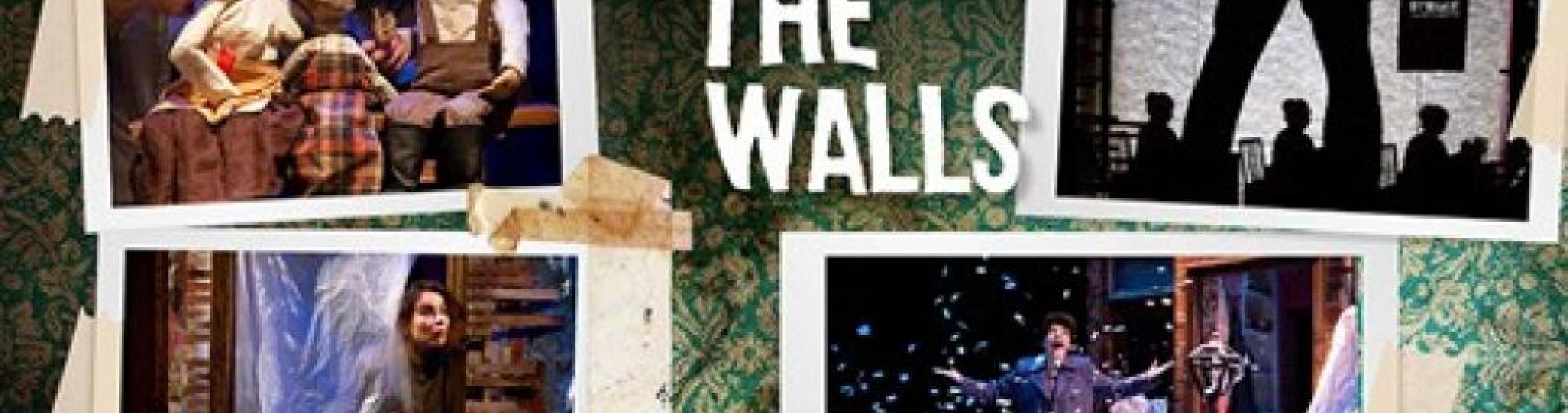 Snapshots from a stage performance of "Layer the Walls," featuring puppets and shadows.