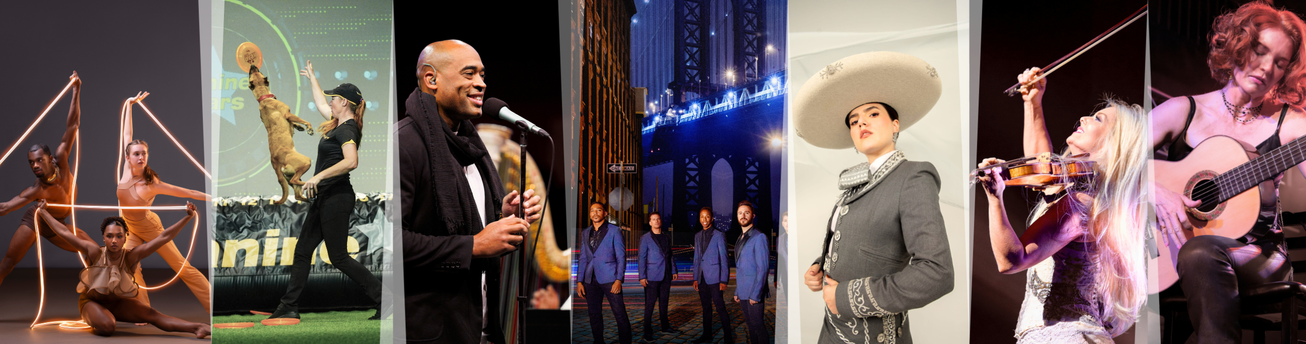 Collage of dancers, dog mid-stunt, vocalist, doo wop group, woman in mariachi attire, violinist, guitarist