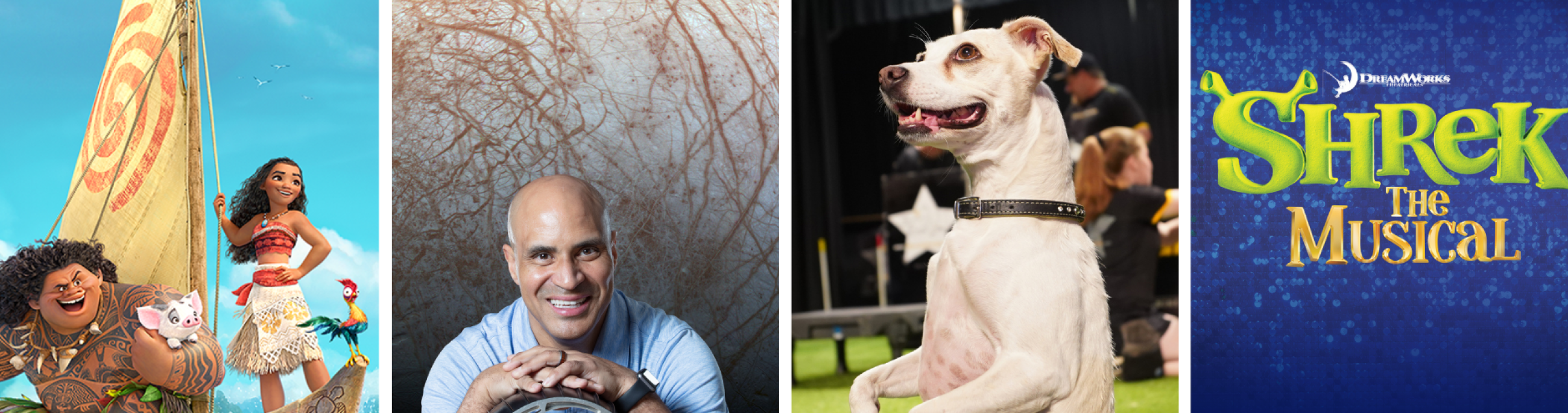 Moana art, Kobie Boykins with planet as background, dog sitting on hind legs, Shrek the Musical
